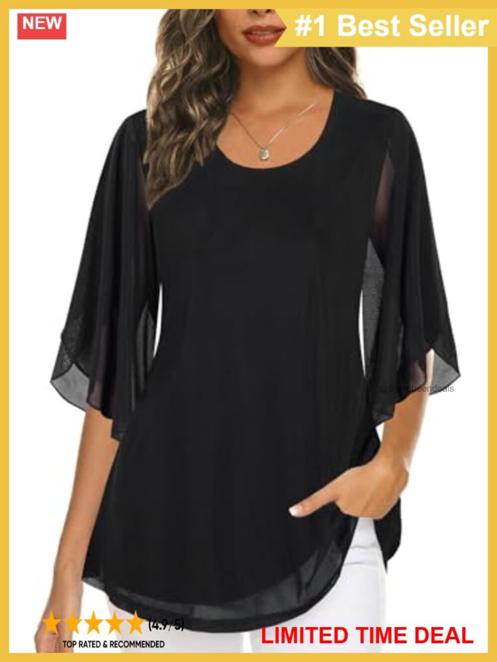 Women's 3/4 Sleeve Mesh Tunic Blouse Sheer Overlay Dressy Casual Top